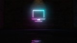 3D rendering of blue violet neon symbol of desktop icon on brick wall