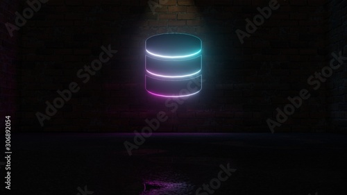 3D rendering of blue violet neon symbol of database icon on brick wall photo