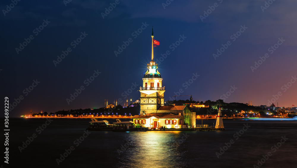 Famous Maiden's Tower in Istanbul, night lights