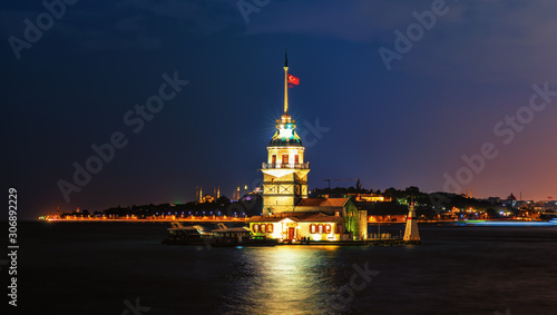 Famous Maiden's Tower in Istanbul, night lights