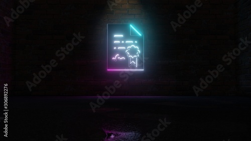 3D rendering of blue violet neon symbol of diploma icon on brick wall