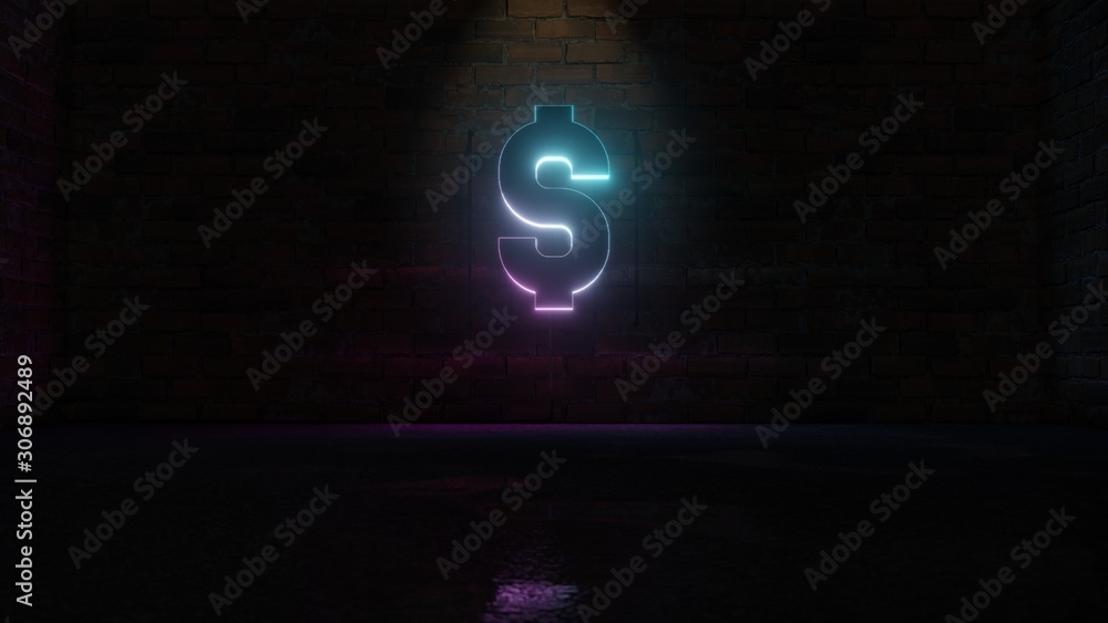 3D rendering of blue violet neon symbol of dollar icon on brick wall 3D rendering of blue violet neon symbol of dollar icon on brick wall