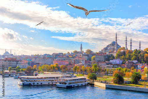 Eminonu pier and the Suleymaniye Mosque in Istanbul, Turkey photo