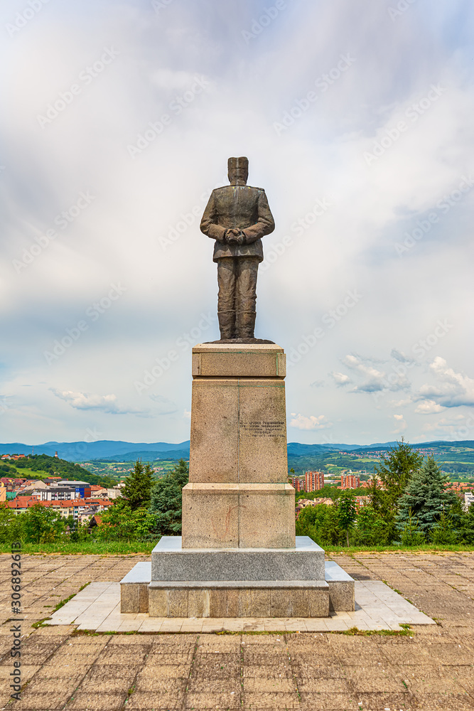 Loznica, Serbia - July 12, 2019: Monument to Stepa Stepanovic (1856-1929) in Loznica, Serbia. He was a Serbian military commander who fought in the the First and second Balkan War and World War I.