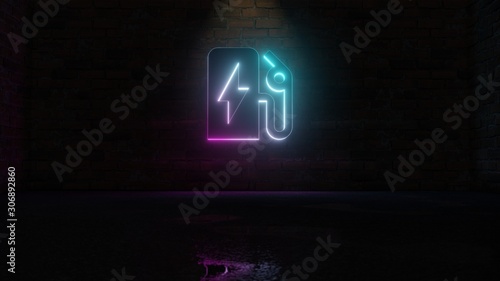 Fotografia 3D rendering of blue violet neon symbol of electric station icon on brick wall