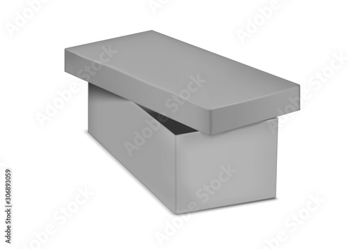 Open gray cardboard box with lift-off lid isolated on white background, vector template. Blank paper packaging, mockup