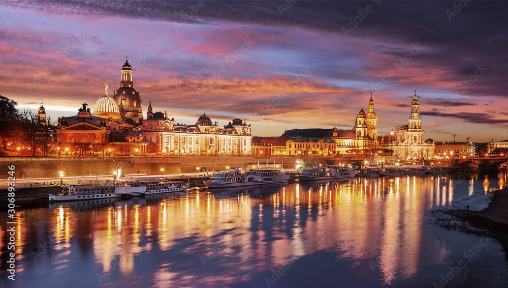 Fantastic Evening panorama. Famouse skyline of Old Town in Dresden With colorful sky During sunset. Wonderful Autumn Cityscape. Creative image. Awesome picturesque scenery in Dresden