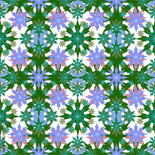 Seamless winter pattern with light green, dark green and pink snowflakes on a white background. Pattern for gift paper, christmas textiles. Merry Christmas and Happy New Year!