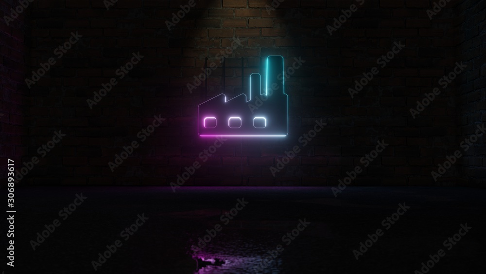 3D rendering of blue violet neon symbol of factory icon on brick wall 3D rendering of blue violet neon symbol of factory icon on brick wall