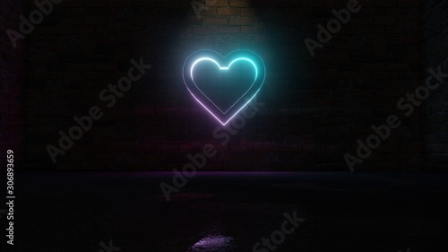 Foto 3D rendering of blue violet neon symbol of favorite icon on brick wall