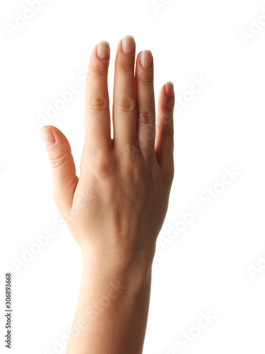 Woman Hands gestures on over white background. Isolated.