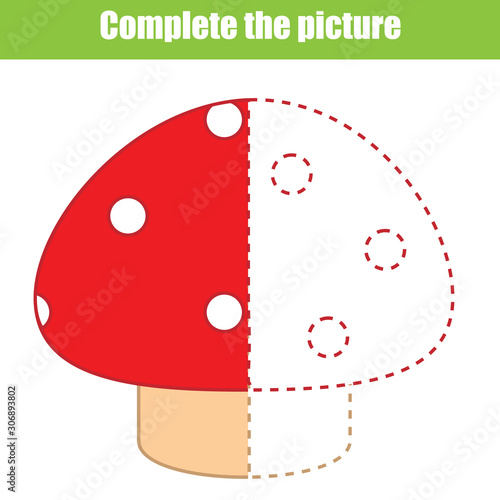 complete picture educational children game. Kids drawing worksheet. Printable activity for toddlers. Draw mushroom