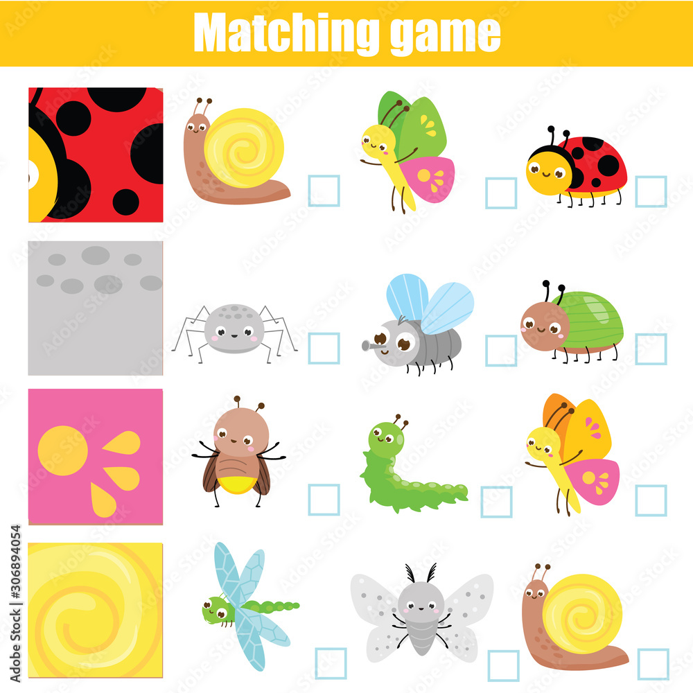 Matching game. Educational children activity. Match pattern and with insects