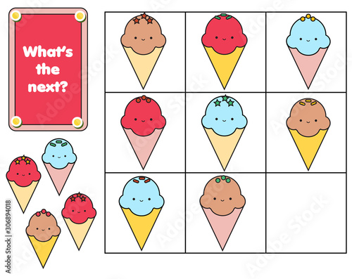 What comes next. Educational children game. Kids activity sheet, continue the row task. Study logic for toddlers