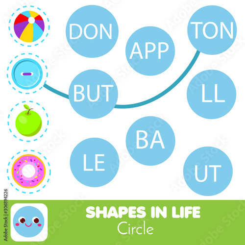 Educational game for children. Word puzzle and learning shapes game. Circle objects