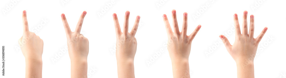 Set of child hands showing figures, count one, two, three, four, five. Isolated at white background Set of child hands showing figures, count one, two, three, four, five. Isolated at white background