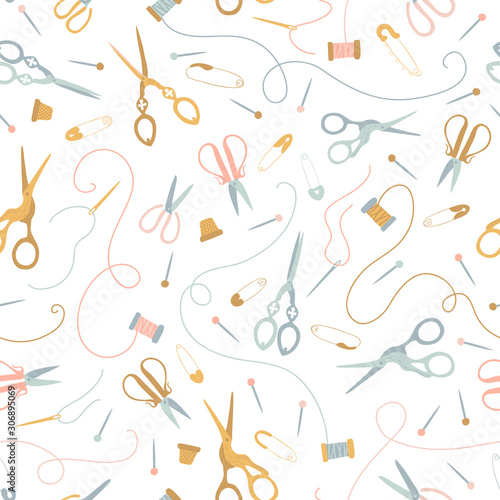 Vector seamless sewing pattern in pastel colors on a white background. Vintage seamstress tools. Scissors, threads, needles, pins, thimble. Ideal for printing onto fabric, textile, packaging.