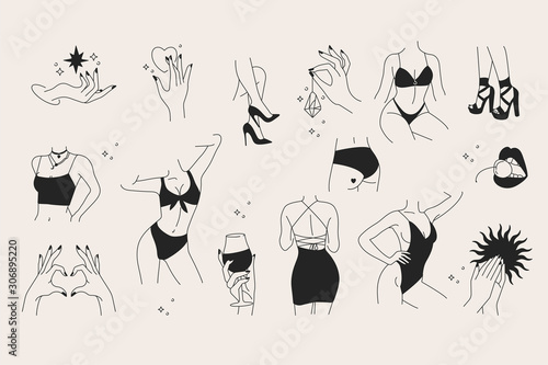 Vector trendy illustration template and icons in linear style - graceful faceless lady. Attractive woman body parts.