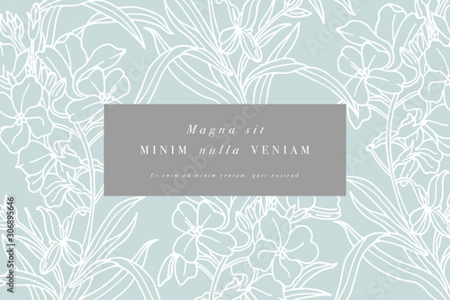 Vintage card with forget me not flowers. Floral wreath. Flower frame for flowershop with label designs. Summer floral greeting card