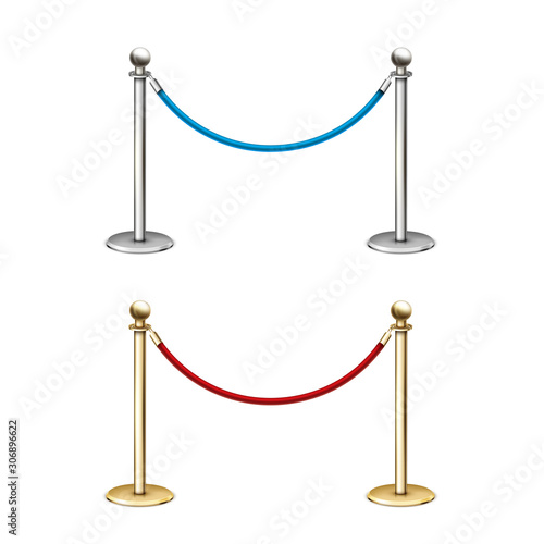 Gold and silver rope barrier. 3D realistic vector illustration on a white background.