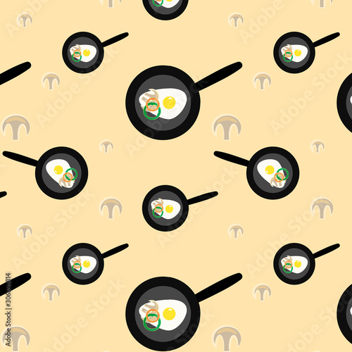 Fried eggs with pepper and mushrooms in a frying pan. Pattern