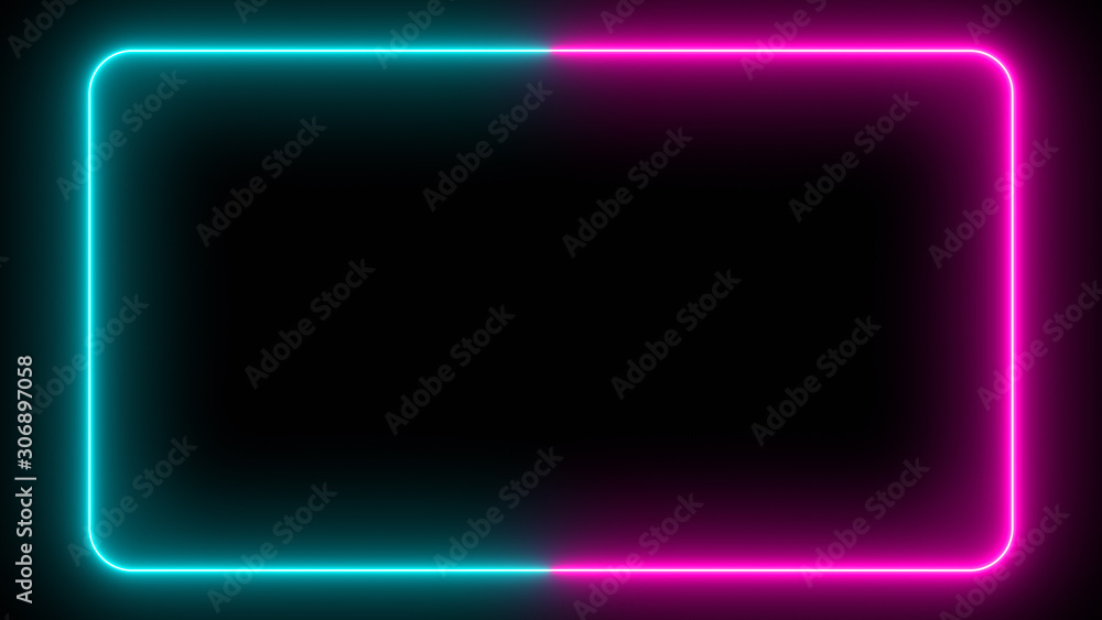 Flickering neon frame on an isolated black background. Ultraviolet modern light neon spectrum. Rectangle with rounded edges. 3d illustration Flickering neon frame on an isolated black background. Ultraviolet modern light neon spectrum. Rectangle with rounded edges. 3d illustration