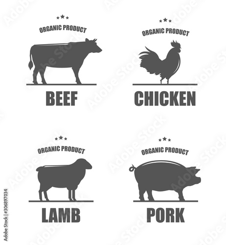 Collection farm of chicken, beef, lamb, pork. Meat labels, logos and badges. Vector icons. Meat sticker set.