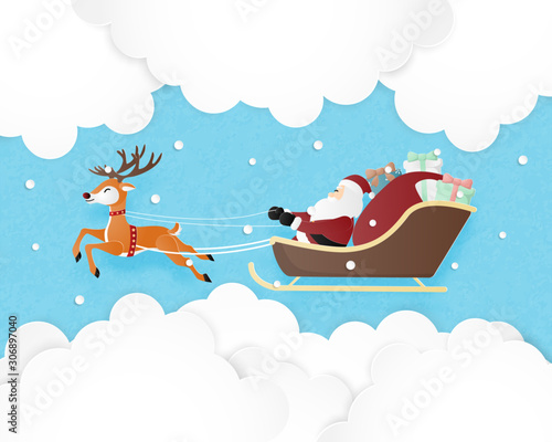 Merry Christmas and Happy new year greeting card in paper cut style. Vector illustration Christmas celebration background with Santa Claus and reindeer. Banner, flyer, poster, wallpaper.