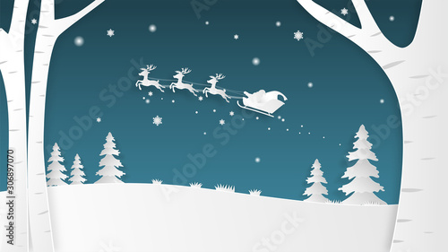 Christmas celebration banner with silhouette Santa Claus and reindeer in paper cut style. Digital craft paper art.