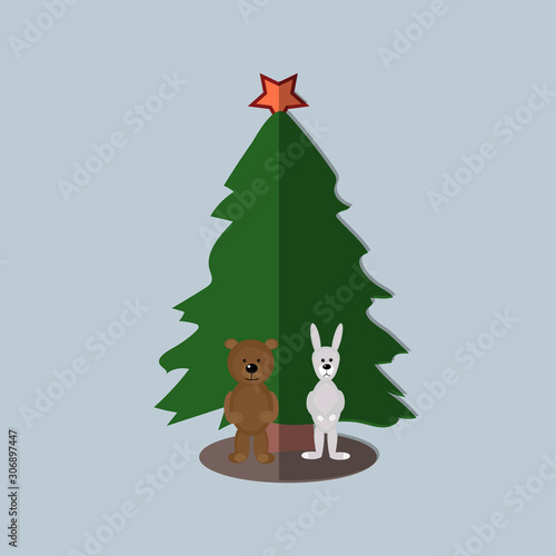 Green Christmas tree with a star on a stand with a bear and a hare © Елена  Барская