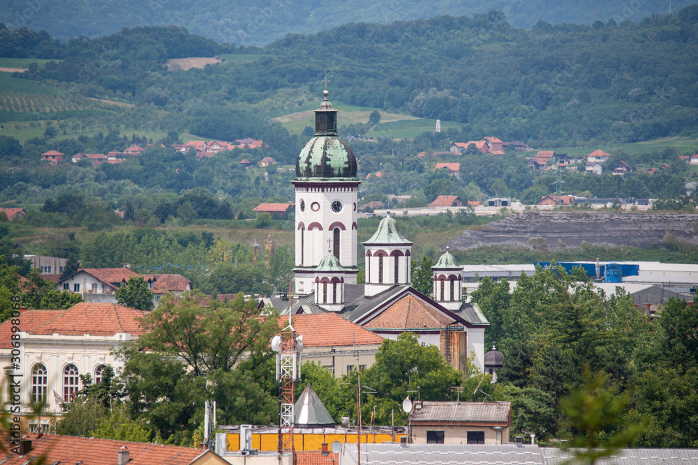Loznica, Serbia - July 12, 2019: Church of Shroud of Holy Mother (Serbian: Crkva Pokrova Presvete Bogorodice) in Loznica.