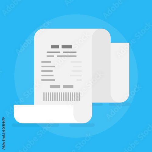 Flat design. Receipt on sheet of paper on blue background.