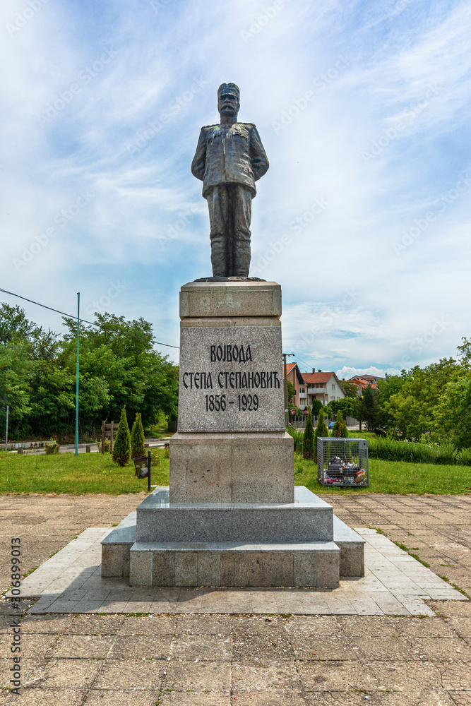 Loznica, Serbia - July 12, 2019: Monument to Stepa Stepanovic (1856-1929) in Loznica, Serbia. He was a Serbian military commander who fought in the the First and second Balkan War and World War I.