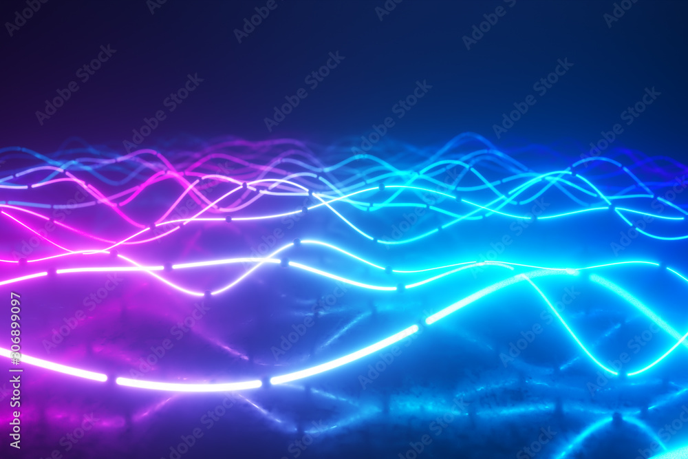 Futuristic neon glowing surface made of bright lines. Abstract motion background. Ultraviolet signal spectrum, laser show, energy, sound vibrations and waves. 3d illustration Futuristic neon glowing surface made of bright lines. Abstract motion background. Ultraviolet signal spectrum, laser show, energy, sound vibrations and waves. 3d illustration