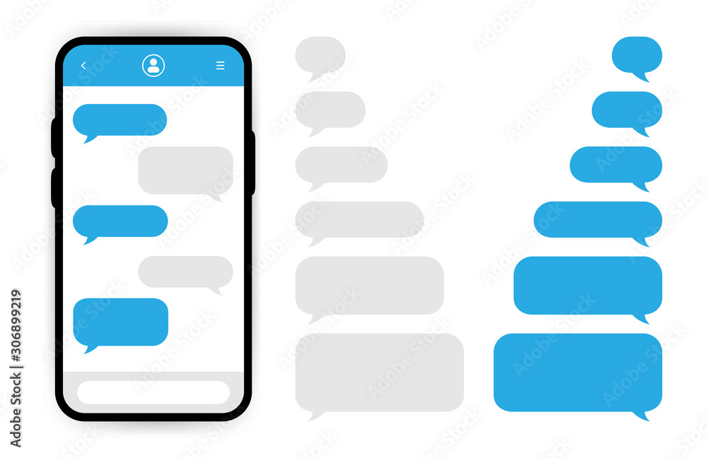 Big set smartphone with social network chat and blue speech bubbles on white background. Vector illustration. Big set smartphone with social network chat and blue speech bubbles on white background. Vector illustration.