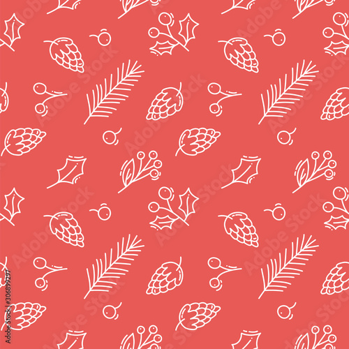 Vector Christmas red Seamless pattern with cones, berries and tree branches. Can be used for holiday wallpaper, fills, textile, web page background, surface textures. illustration