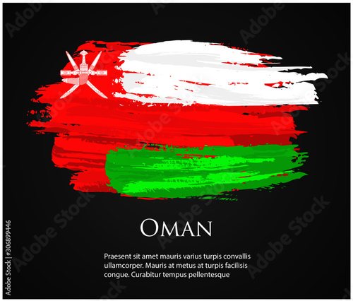  vector template Illustration Oman flag Arab country red white green brush paint watercolor hand drawn stroke and texture. Grunge vector isolated on black background