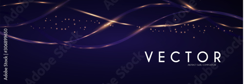 Abstract gold shining waves on blue background. Magic elegant space.