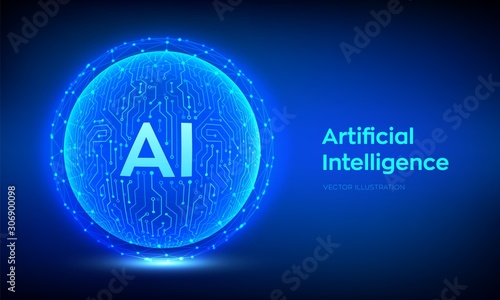 AI. Artificial Intelligence Logo. Artificial Intelligence and Machine Learning Concept. Abstract technology circuit board sphere. Big data innovation technology. Neural networks. Vector illustration.