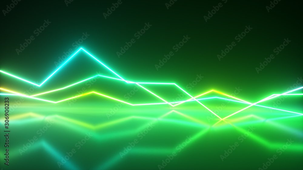 Bright colorful glowing neon lines. Abstract musical equalizer background, graph, diagram, drawing, curve, chart. Modern ultraviolet blue green color cpectrum. 3d illustration Bright colorful glowing neon lines. Abstract musical equalizer background, graph, diagram, drawing, curve, chart. Modern ultraviolet blue green color cpectrum. 3d illustration