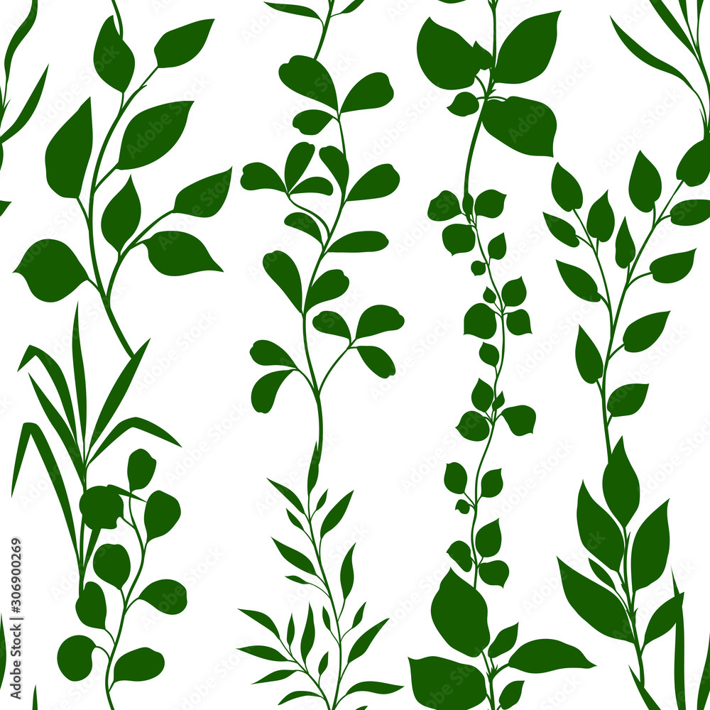 Seamless pattern of sprigs with green leaves.