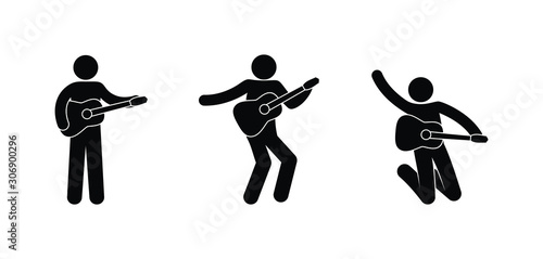 man playing the guitar, stick figure man icons, people pictogram and musical instrument