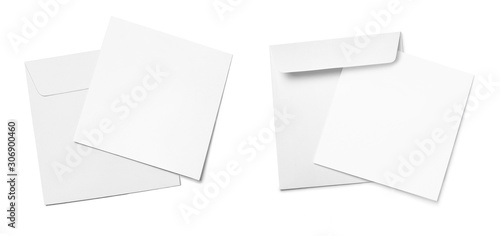 Set of square envelopes with blank papers, isolated on white background