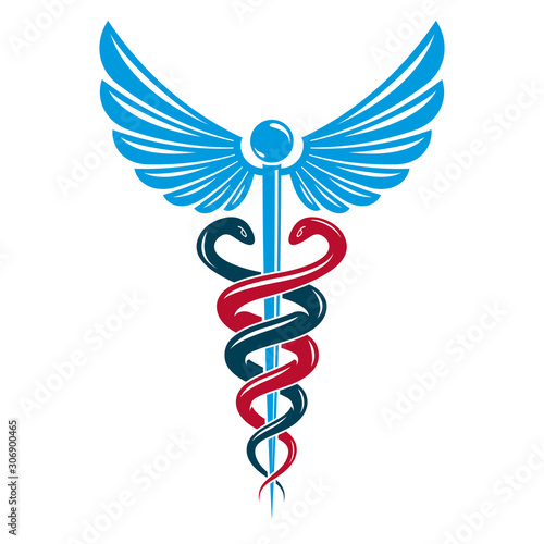 Aesculapius vector abstract emblem composed using wings and snakes best for used in pharmacy advertisement.