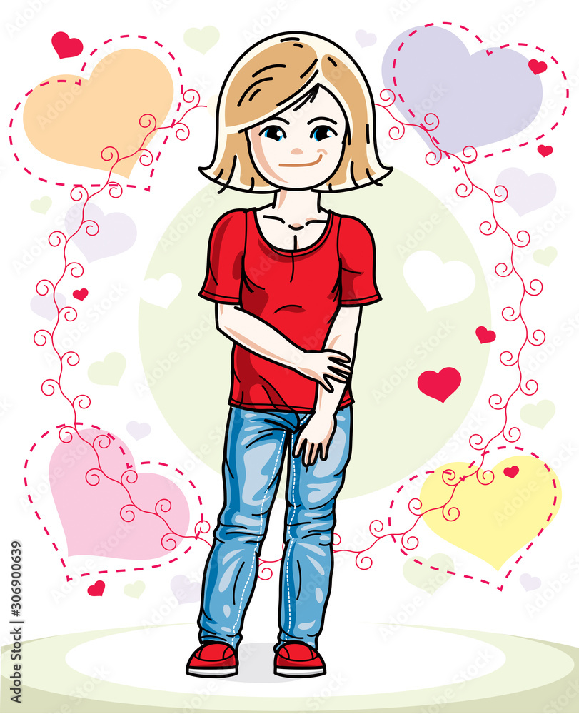 Beautiful little blonde girl wearing casual clothes and standing on colorful backdrop with loving hearts. Vector human illustration. Beautiful little blonde girl wearing casual clothes and standing on colorful backdrop with loving hearts. Vector human illustration.