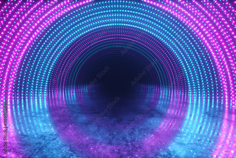 Naklejka premium Abstrac motion background. Neon lights. Glowing dots spiral tunnel. Bright vibrant dots. laser illumination. Pink and blue colors. Reflective metal scratched texture floor. 3d illustration