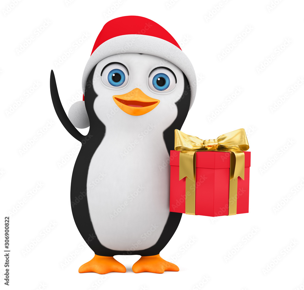Fototapeta premium 3d rendering. Illustration for advertising. Cartoon penguin character with big gift on white background.