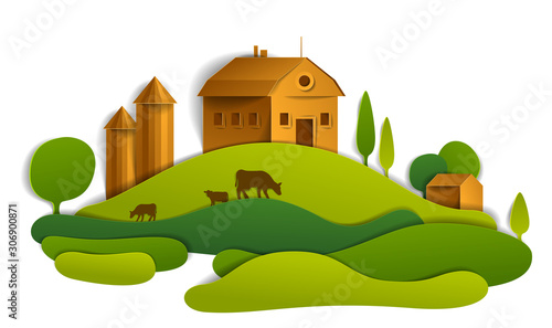 Scenic landscape of farm buildings among meadows and trees, vector illustration of summer time relaxing nature in paper cut style. Countryside beautiful ranch.