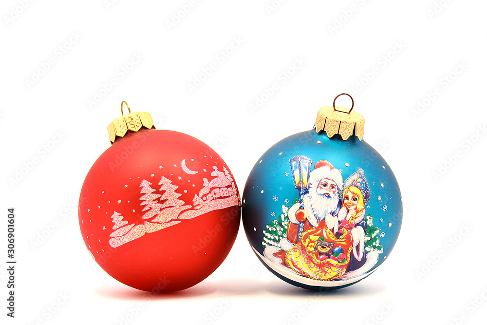 Photo of decorations for Christmas and New Year, a composition of decorations for the Christmas tree, holiday Christmas balls, isolated on white background Photo of decorations for Christmas and New Year, a composition of decorations for the Christmas tree, holiday Christmas balls, isolated on white background