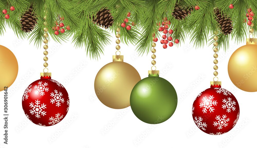 seamless christmas baubles concept with fir branches